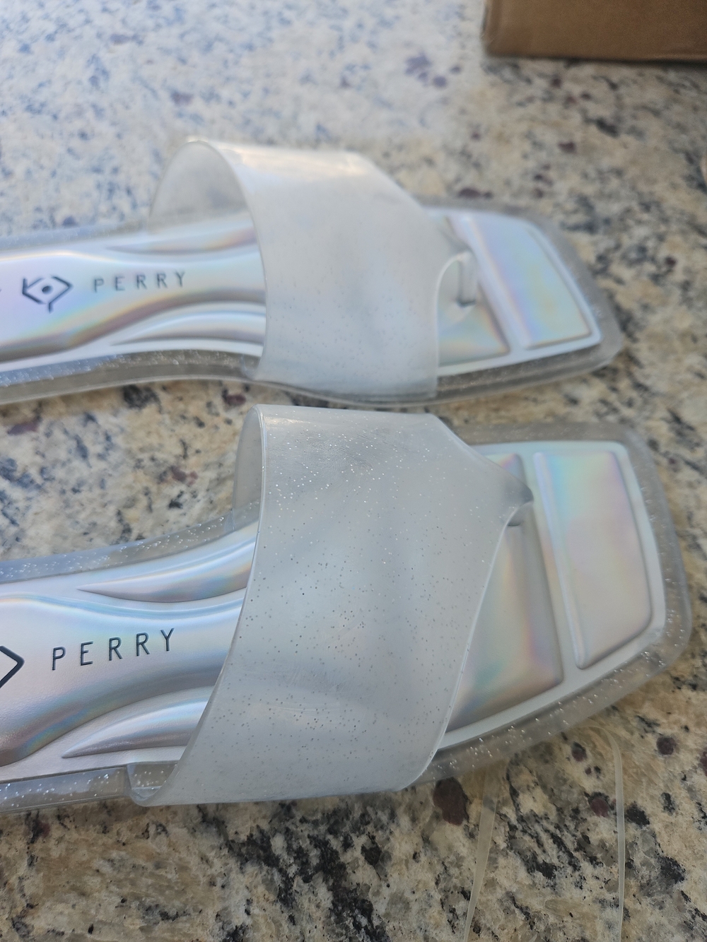 NEW IN BOX! Katy Perry Collections Iridescent White Slide Sandals Clear Strap - Picture 2 of 2